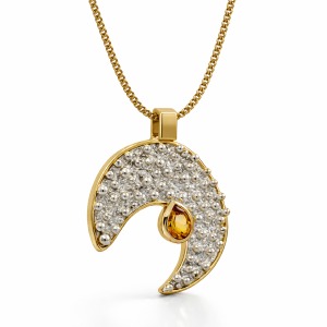 Handmade crescent moon pendant necklace in sterling silver with gold-plated edges, featuring a textured beaded silver surface and a pear-cut citrine gemstone set in a gold bezel, suspended from a gold chain on a white background.