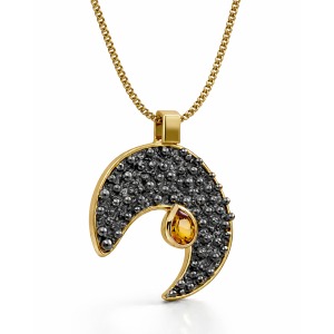 Handmade crescent moon pendant necklace in blackened sterling silver with gold-plated edges, featuring a textured beaded surface and a pear-cut citrine gemstone set in a gold bezel, suspended from a gold chain on a white background.